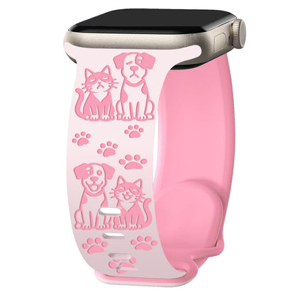 iBandGear Cute Cat and Dog Engraved Silicone Band for Apple Watch - Pink-Hot Pink