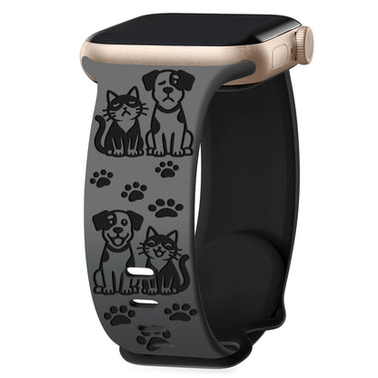 iBandGear Cute Cat and Dog Engraved Silicone Band for Apple Watch - Dark Gray-Black