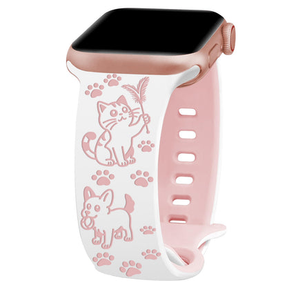 iBandGear Cute Cat & Dog Engraved Silicone Band for Apple Watch - White-Pink