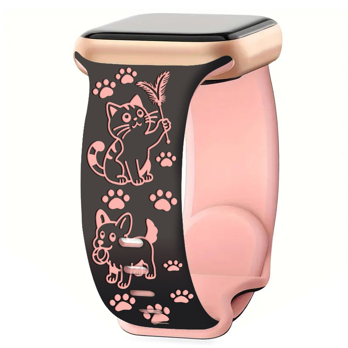 iBandGear Cute Cat & Dog Engraved Silicone Band for Apple Watch - Black-Pink