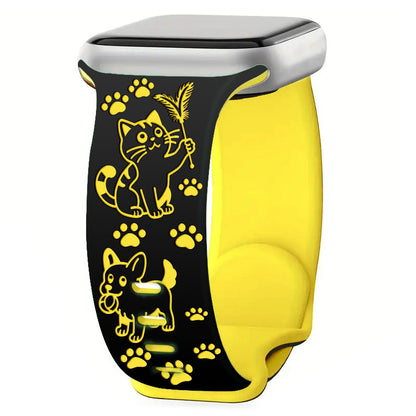 iBandGear Cute Cat & Dog Engraved Silicone Band for Apple Watch - Black-Yellow