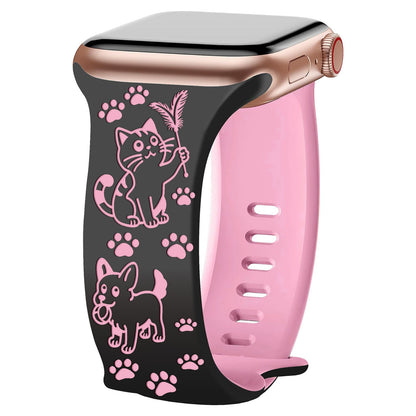 iBandGear Cute Cat & Dog Engraved Silicone Band for Apple Watch - Black-Hot Pink