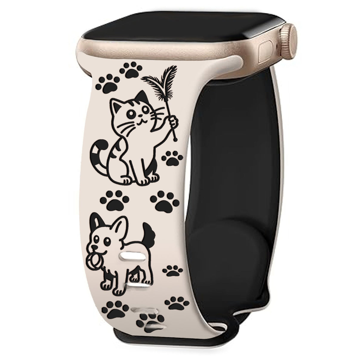 iBandGear Cute Cat & Dog Engraved Silicone Band for Apple Watch - Starlight-Black