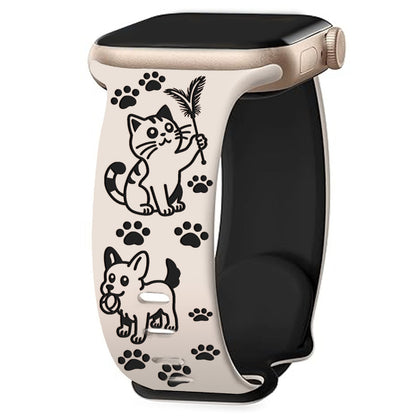 iBandGear Cute Cat & Dog Engraved Silicone Band for Apple Watch - Starlight-Black