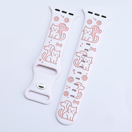 iBandGear Cute Cat & Dog Engraved Silicone Band for Apple Watch - White-Pink