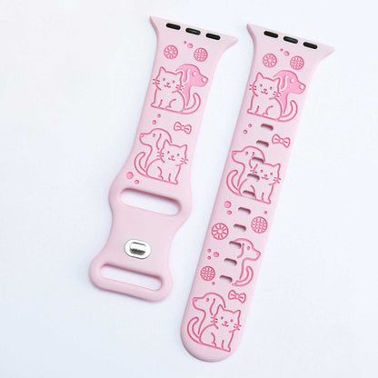 iBandGear Cute Cat & Dog Engraved Silicone Band for Apple Watch - Pink-Hot Pink