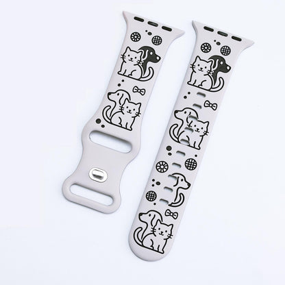 iBandGear Cute Cat & Dog Engraved Silicone Band for Apple Watch - Starlight-Black