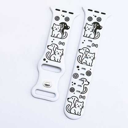 iBandGear Cute Cat & Dog Engraved Silicone Band for Apple Watch - White-Black