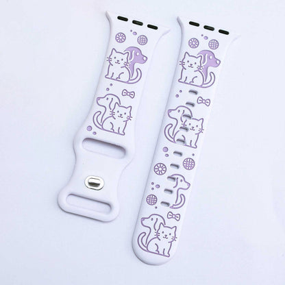 iBandGear Cute Cat & Dog Engraved Silicone Band for Apple Watch - White-Purple