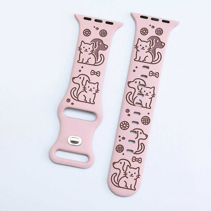 iBandGear Cute Cat & Dog Engraved Silicone Band for Apple Watch - Pink-Smoky Purple