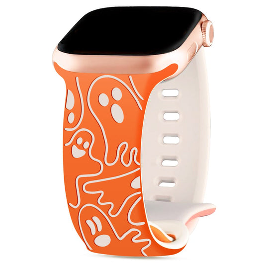 iBandGear Cute Ghost 3D Laser Engraved Silicone Band for Apple Watch - Vibrant Orange-Starlight
