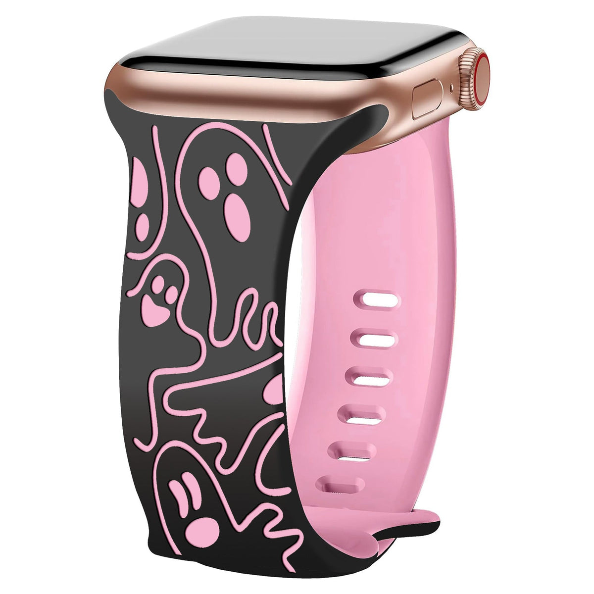 iBandGear Cute Ghost 3D Laser Engraved Silicone Band for Apple Watch - Black-Hot Pink