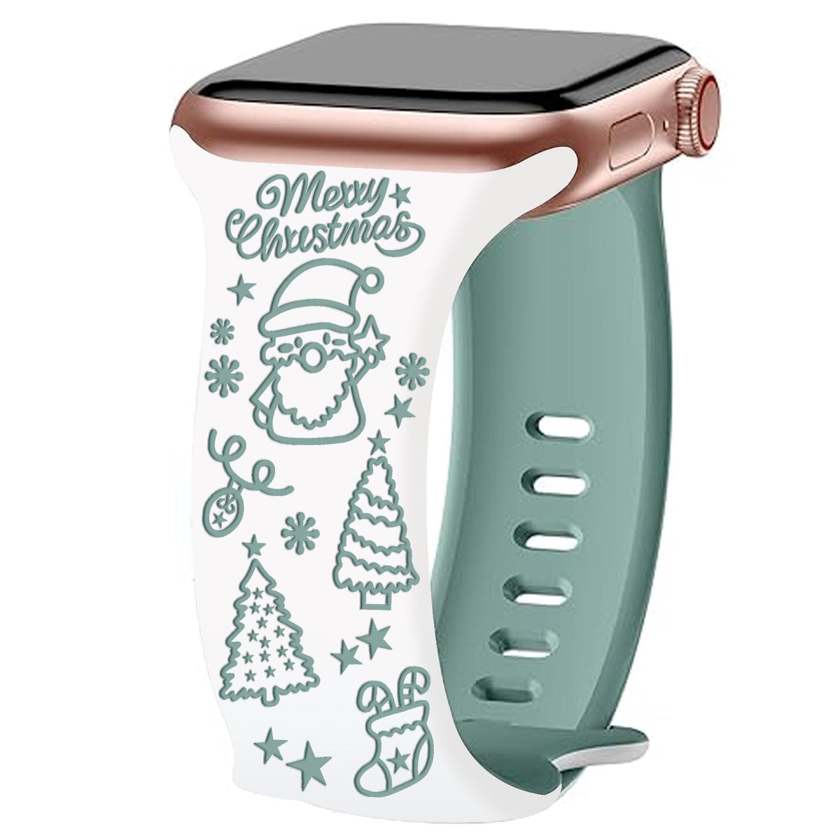 iBandGear Cute Santa Christmas 3D Engraved Apple Watch Band - White-Pine Green