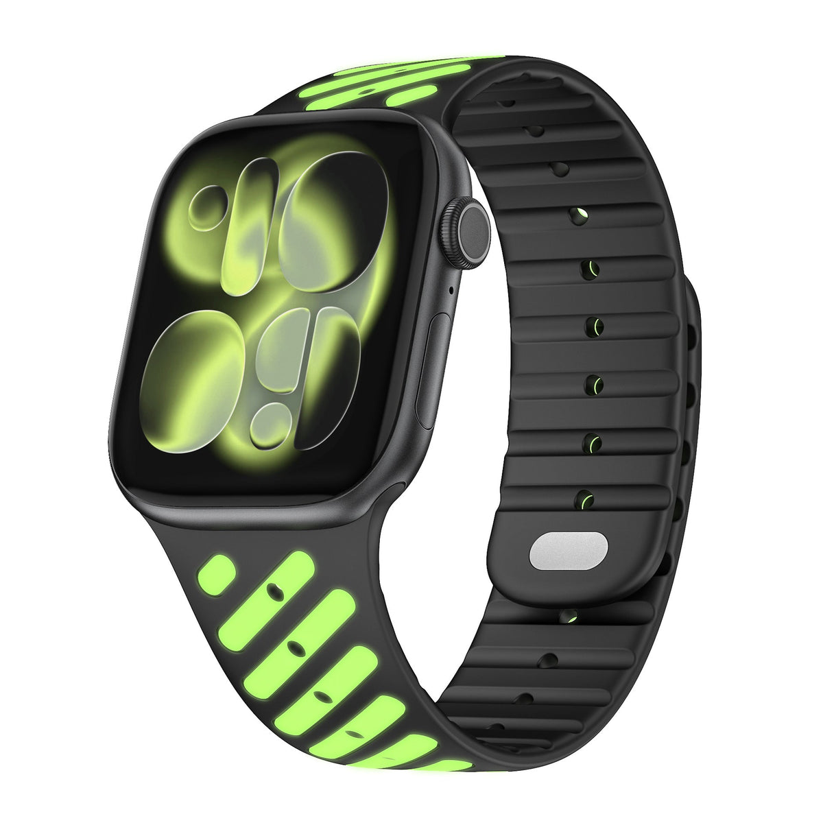 iBandGear Dual-Tone Magnetic Silicone Band for Apple Watch with Glow Accent Option - Black - Glow Green (Glow in the Dark)