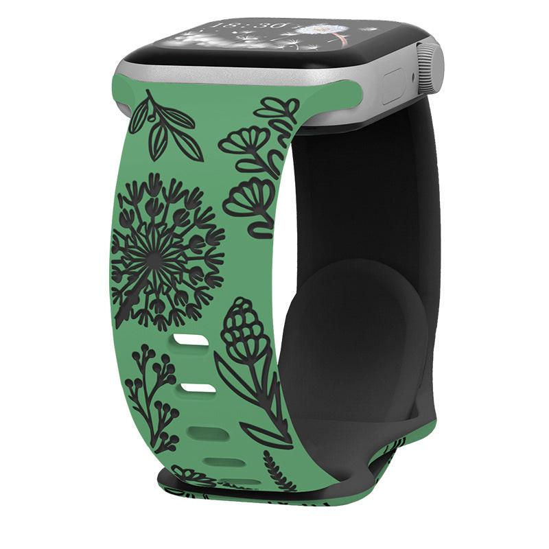 iBandGear Engraved Dandelion Silicone Band for Apple Watch - Green-Black