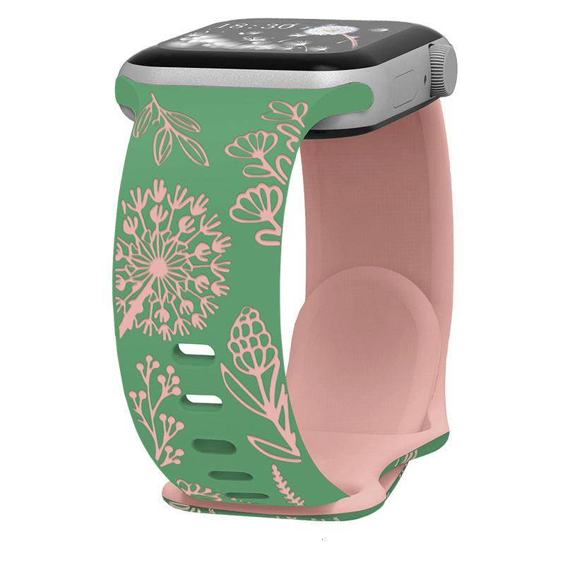 iBandGear Engraved Dandelion Silicone Band for Apple Watch - Green-Pink