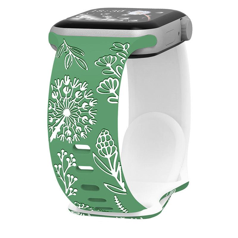 iBandGear Engraved Dandelion Silicone Band for Apple Watch - Green-White