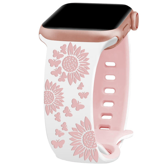 iBandGear Floral & Butterfly Engraved Silicone Band for Apple Watch - White–Pink