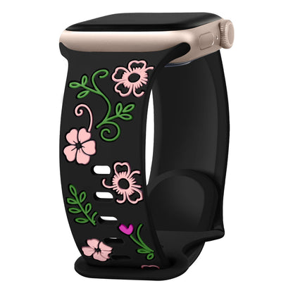iBandGear Floral Resin-Printed Silicone Band for Apple Watch - Black Green - Pink Floral