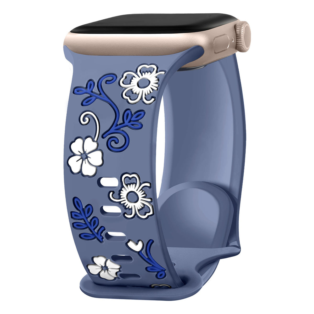 iBandGear Floral Resin-Printed Silicone Band for Apple Watch - Blue Gray - White Floral