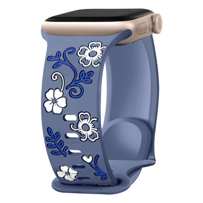 iBandGear Floral Resin-Printed Silicone Band for Apple Watch - Blue Gray - White Floral
