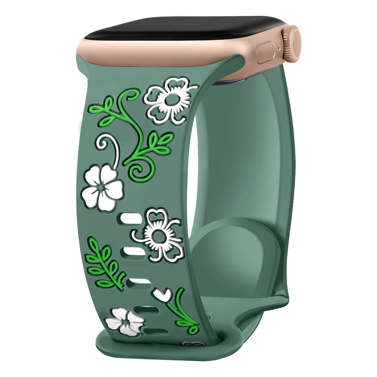 iBandGear Floral Resin-Printed Silicone Band for Apple Watch - Pine Green - White Floral