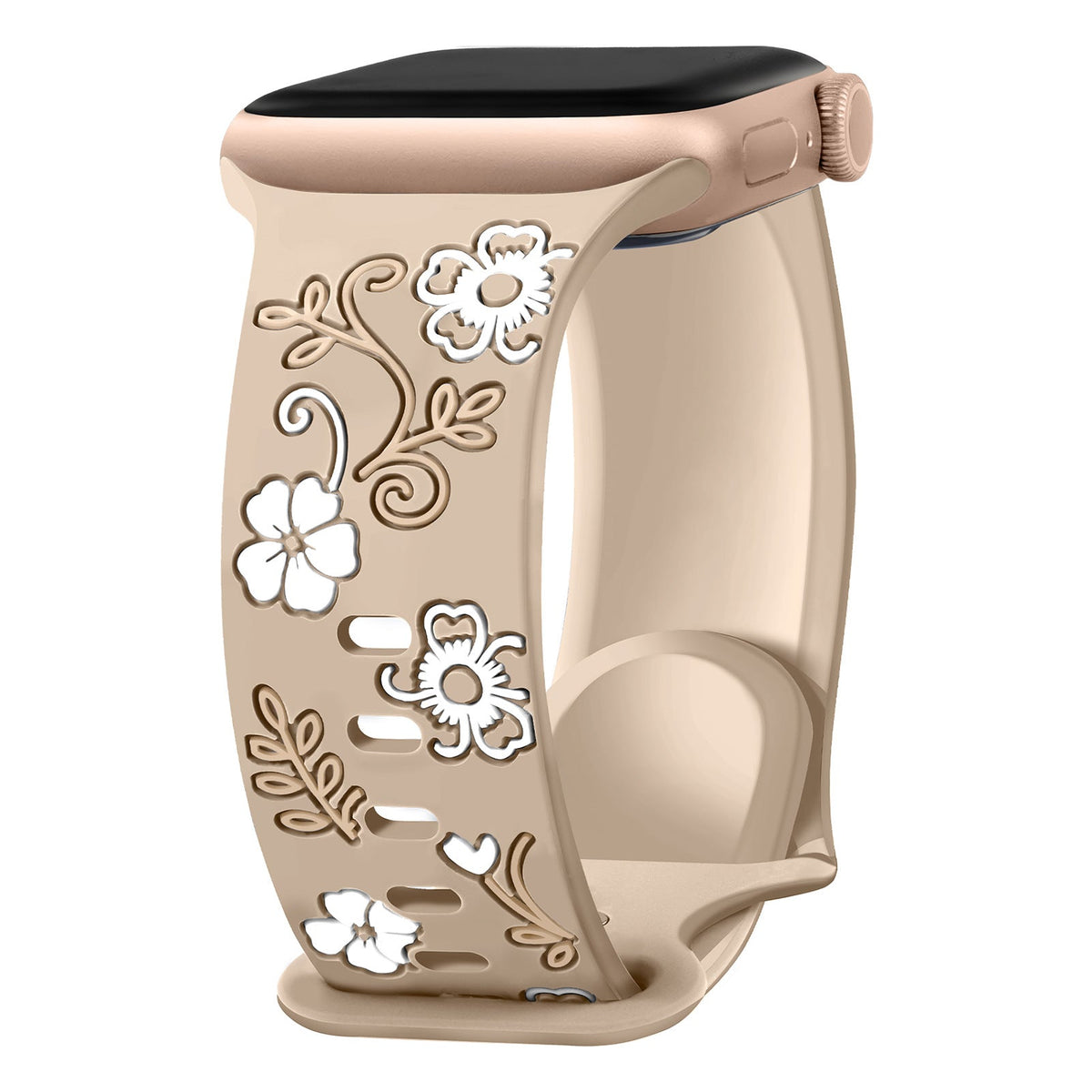 iBandGear Floral Resin-Printed Silicone Band for Apple Watch - Milk Tea - White Floral