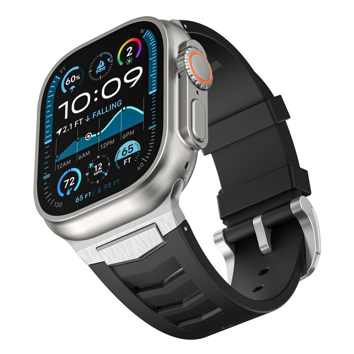 iBandGear Fluoroelastomer Band with Stainless Steel for Apple Watch - Black - Silver