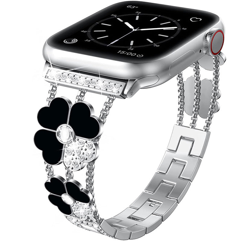 iBandGear Four-Leaf Clover Rhinestone Bracelet Band for Apple Watch - Silver-Black