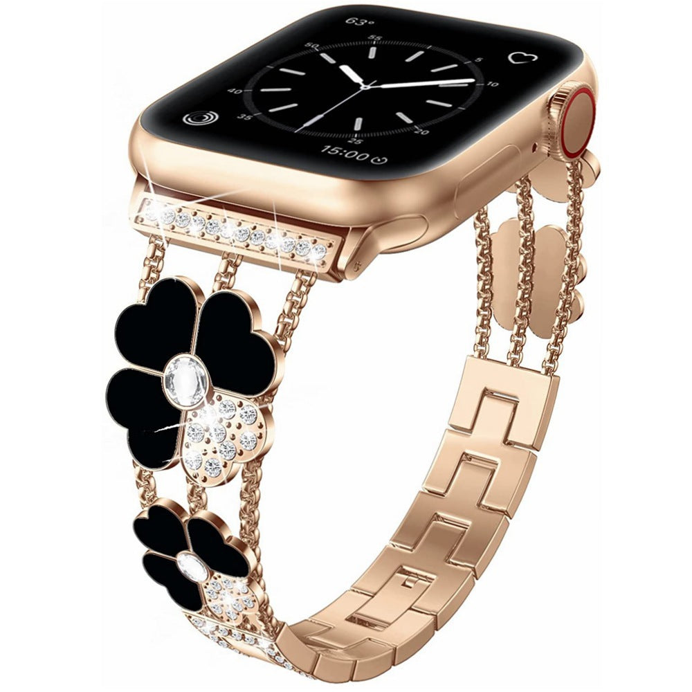 iBandGear Four-Leaf Clover Rhinestone Bracelet Band for Apple Watch - Rose Gold-Black