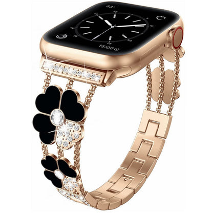 iBandGear Four-Leaf Clover Rhinestone Bracelet Band for Apple Watch - Rose Gold-Black