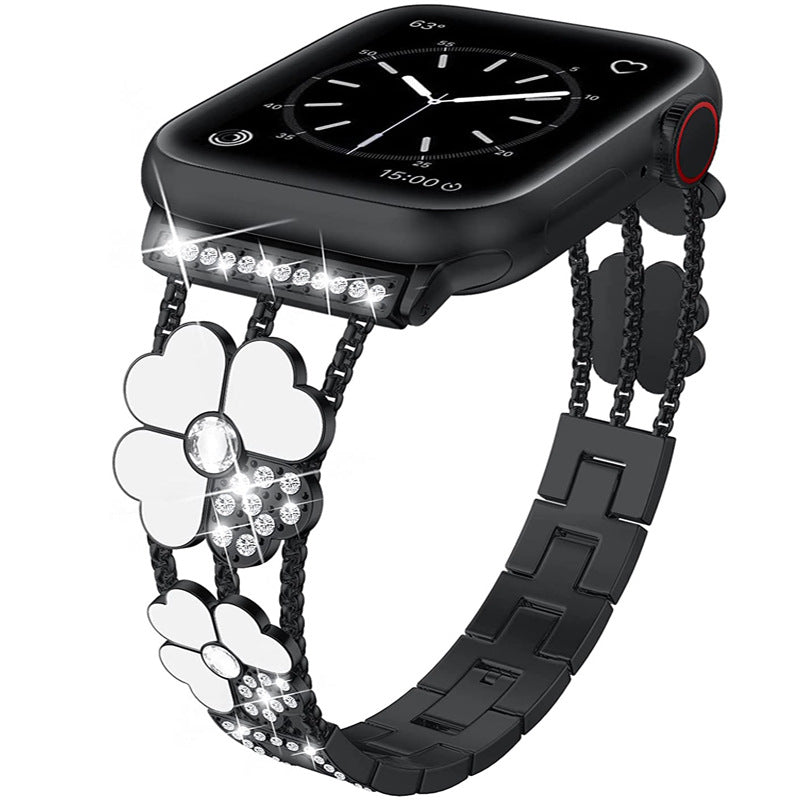 iBandGear Four-Leaf Clover Rhinestone Bracelet Band for Apple Watch - Black-White