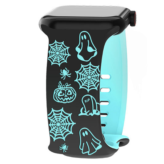 iBandGear Halloween Ghost Engraved Silicone Band for Apple Watch - Black-Ice Blue