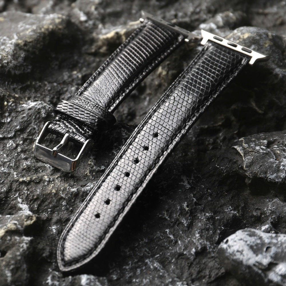 iBandGear Handcrafted Lizard Leather Band with Cowhide Lining for Apple Watch - Black – Silver