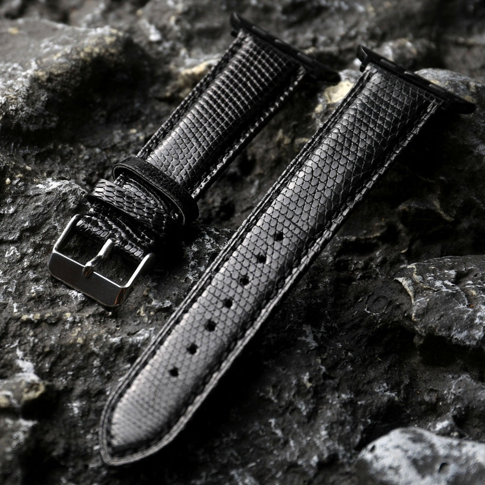 iBandGear Handcrafted Lizard Leather Band with Cowhide Lining for Apple Watch - Black – Black