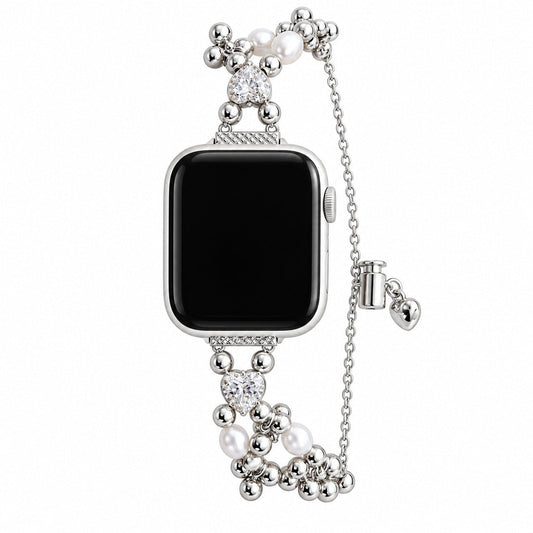 iBandGear Heart Crystal Pearl Charm Bracelet Band for Apple Watch - Silver