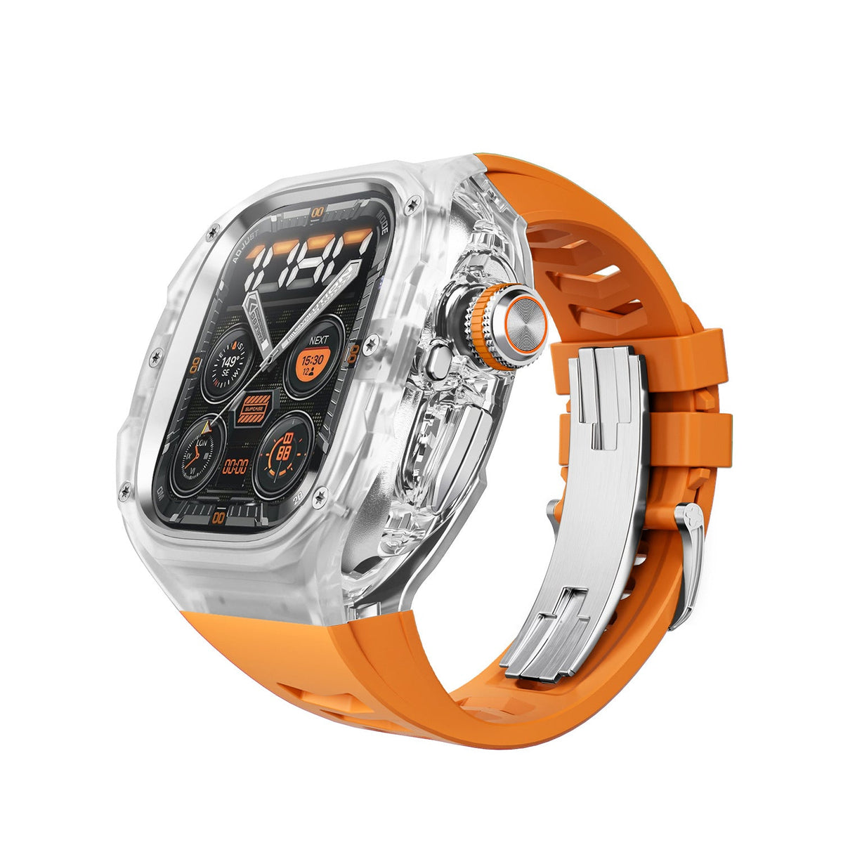 iBandGear Integrated Clear Quick-Release Protective Case for Apple Watch - Clear-Orange-Silver Clasp