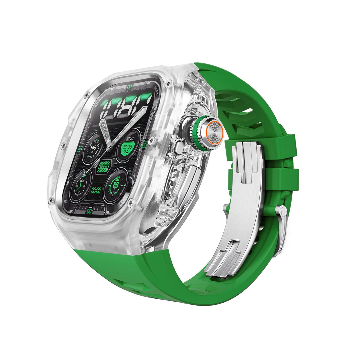 iBandGear Integrated Clear Quick-Release Protective Case for Apple Watch - Clear-Green-Silver Clasp
