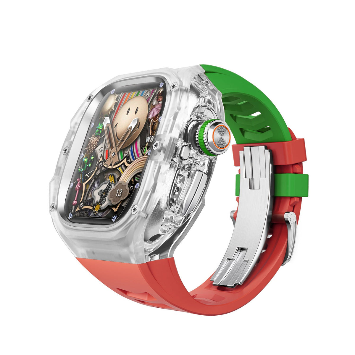 iBandGear Integrated Clear Quick-Release Protective Case for Apple Watch - Clear-Red-Green-Silver Clasp