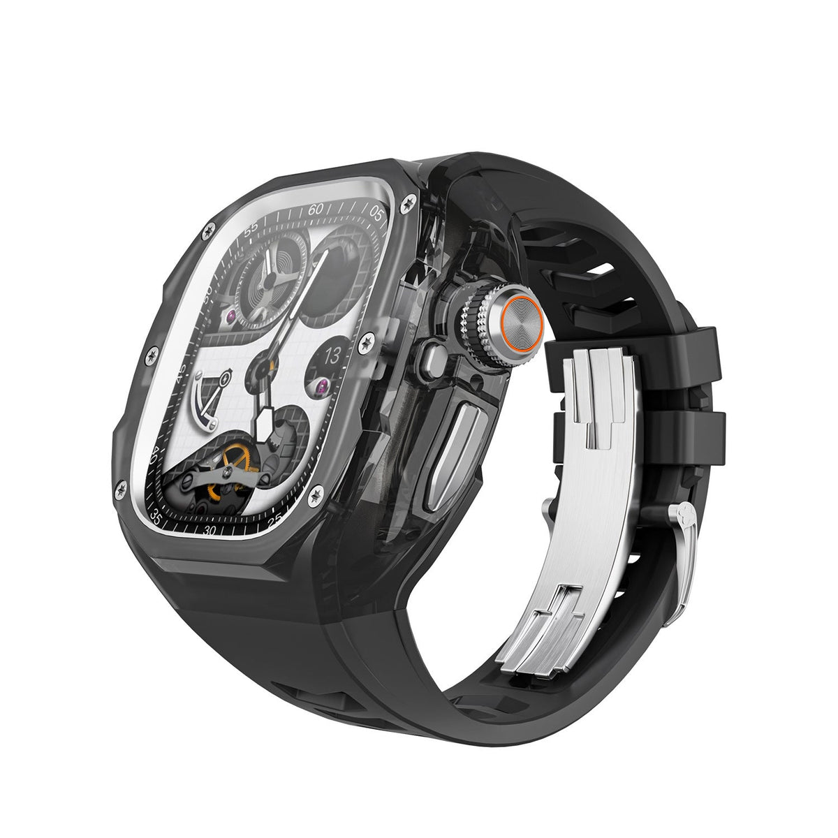 iBandGear Integrated Clear Quick-Release Protective Case for Apple Watch - Smoke-Black-Silver Clasp