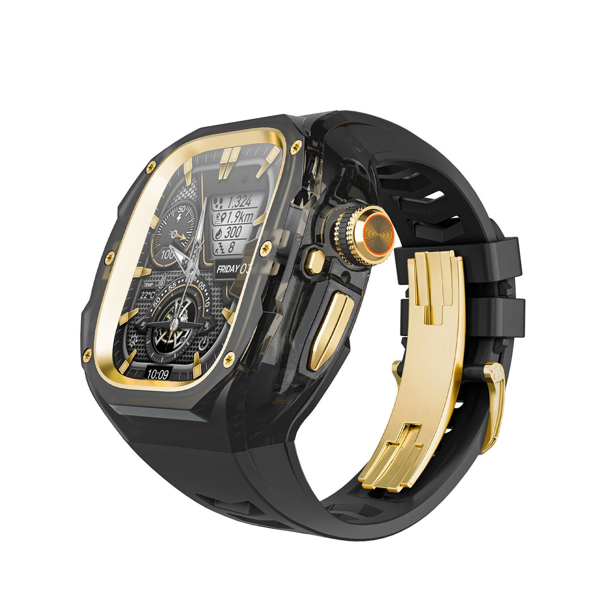 iBandGear Integrated Clear Quick-Release Protective Case for Apple Watch - Smoke-Black-Gold Clasp