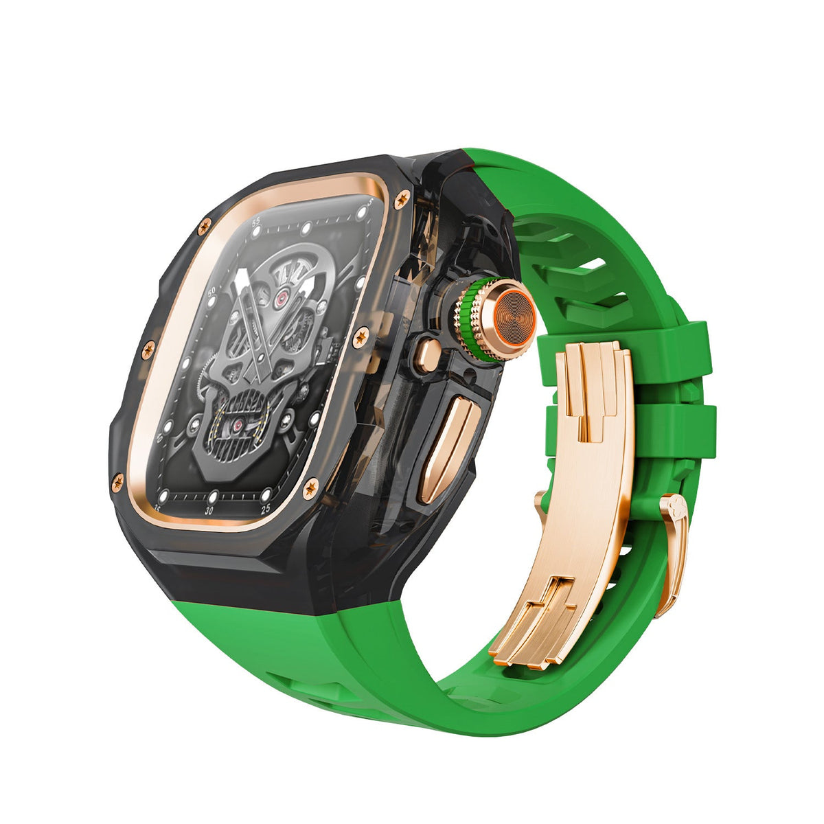 iBandGear Integrated Clear Quick-Release Protective Case for Apple Watch - Smoke-Green-Rose Gold Clasp