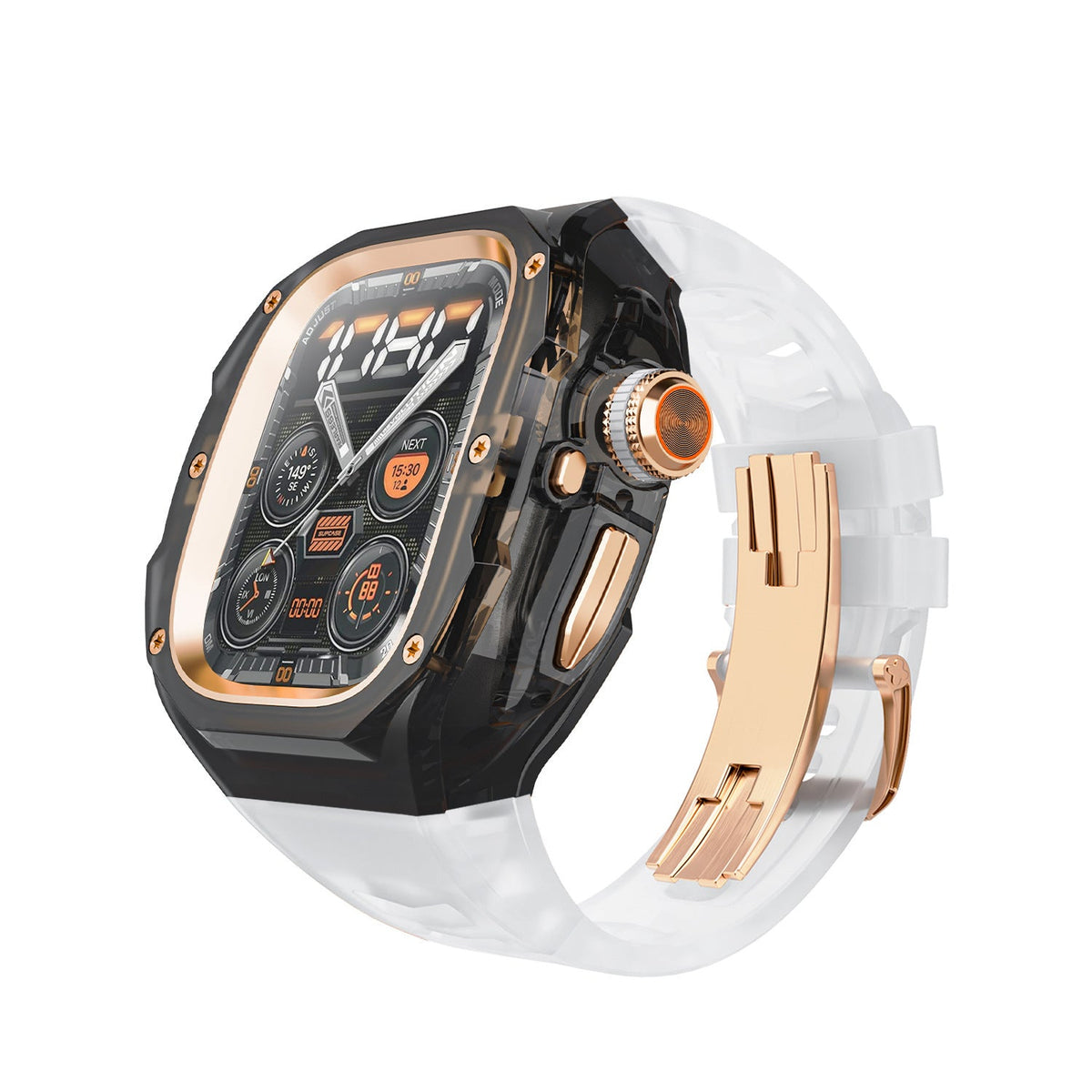 iBandGear Integrated Clear Quick-Release Protective Case for Apple Watch - Smoke-Semi Transparent-Rose Gold Clasp