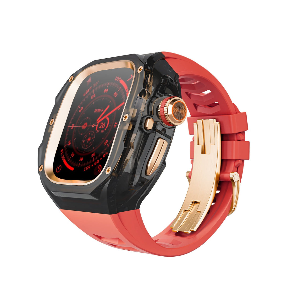 iBandGear Integrated Clear Quick-Release Protective Case for Apple Watch - Smoke-Red-Rose Gold Clasp