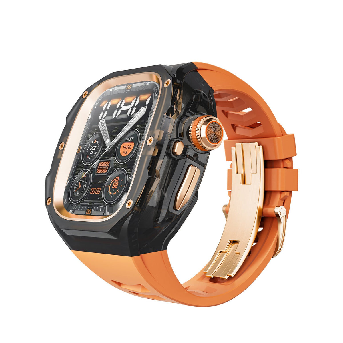 iBandGear Integrated Clear Quick-Release Protective Case for Apple Watch - Smoke-Orange-Rose Gold Clasp