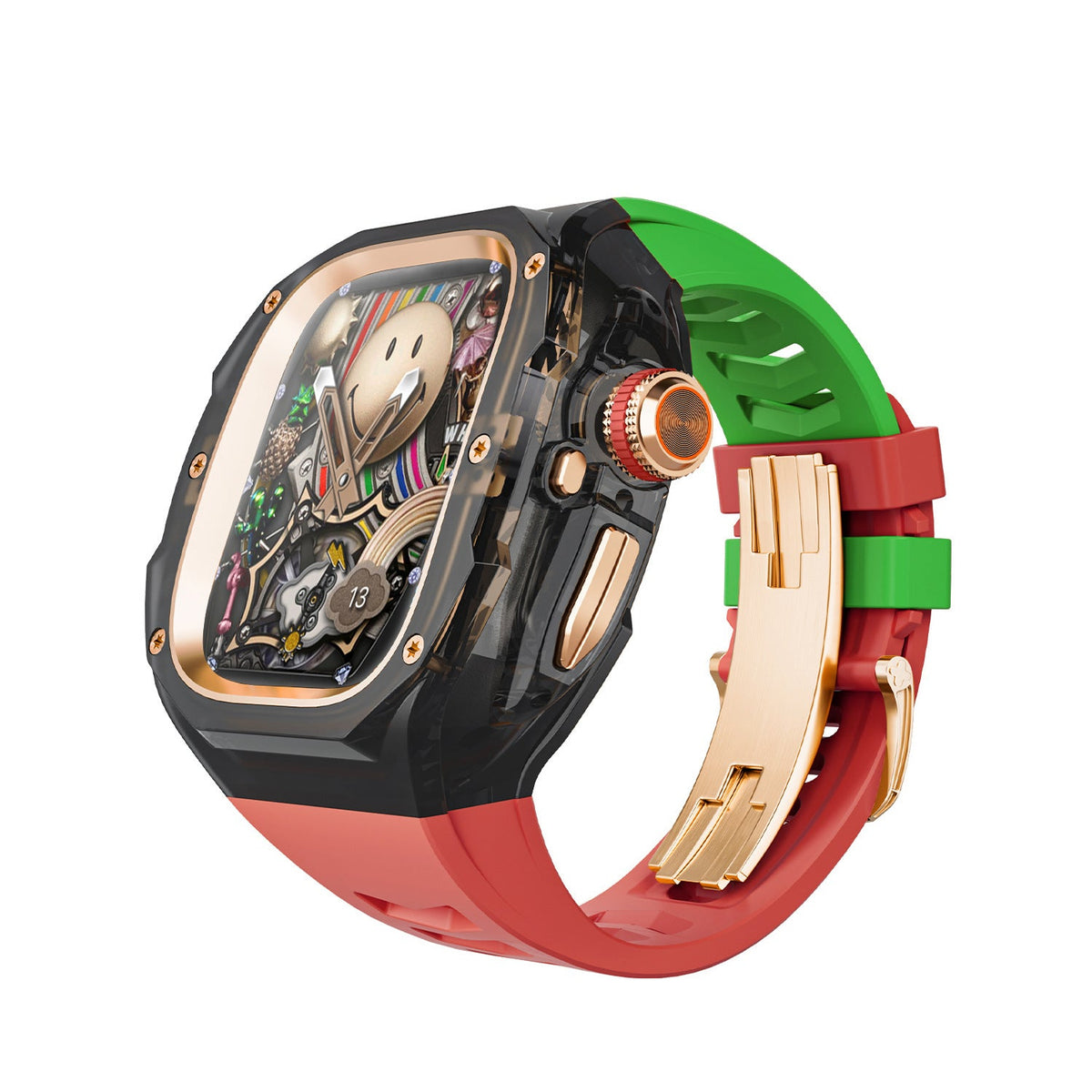 iBandGear Integrated Clear Quick-Release Protective Case for Apple Watch - Smoke-Red-Green-Rose Gold Clasp