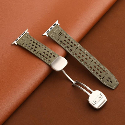 iBandGear Leather Band for Apple Watch with Magnetic Clasp and Breathable Design - Forest Green-Starlight Buckle