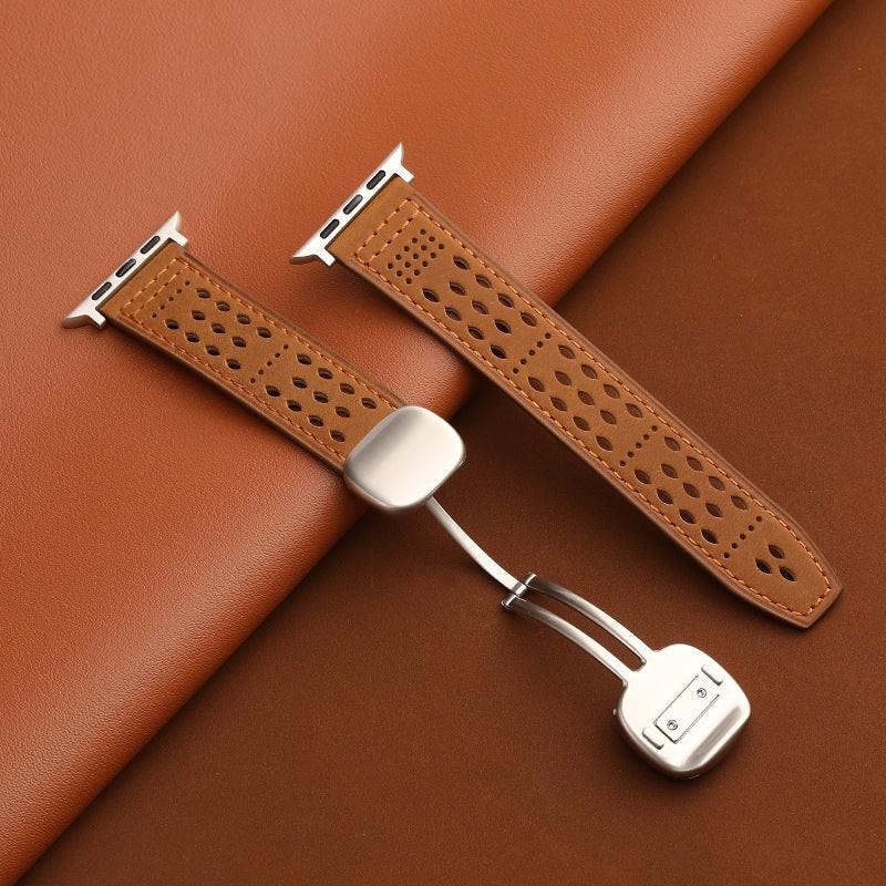 iBandGear Leather Band for Apple Watch with Magnetic Clasp and Breathable Design - Dark Brown-Starlight Buckle