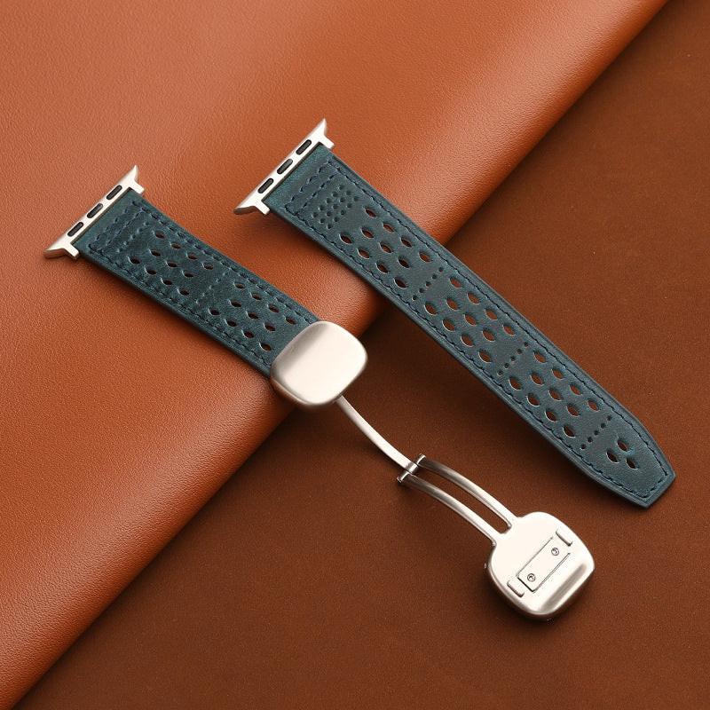 iBandGear Leather Band for Apple Watch with Magnetic Clasp and Breathable Design - Dark Blue-Starlight Buckle