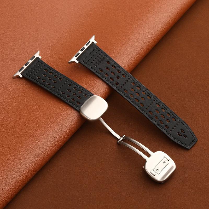 iBandGear Leather Band for Apple Watch with Magnetic Clasp and Breathable Design - Black-Starlight Buckle